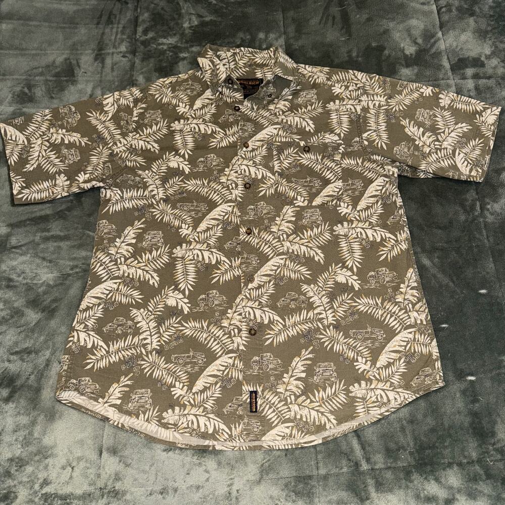 Woolrich‎ John Rich & Bros Hawaiian Shirt Men's Large Green Leaf Fieldstone Jeep